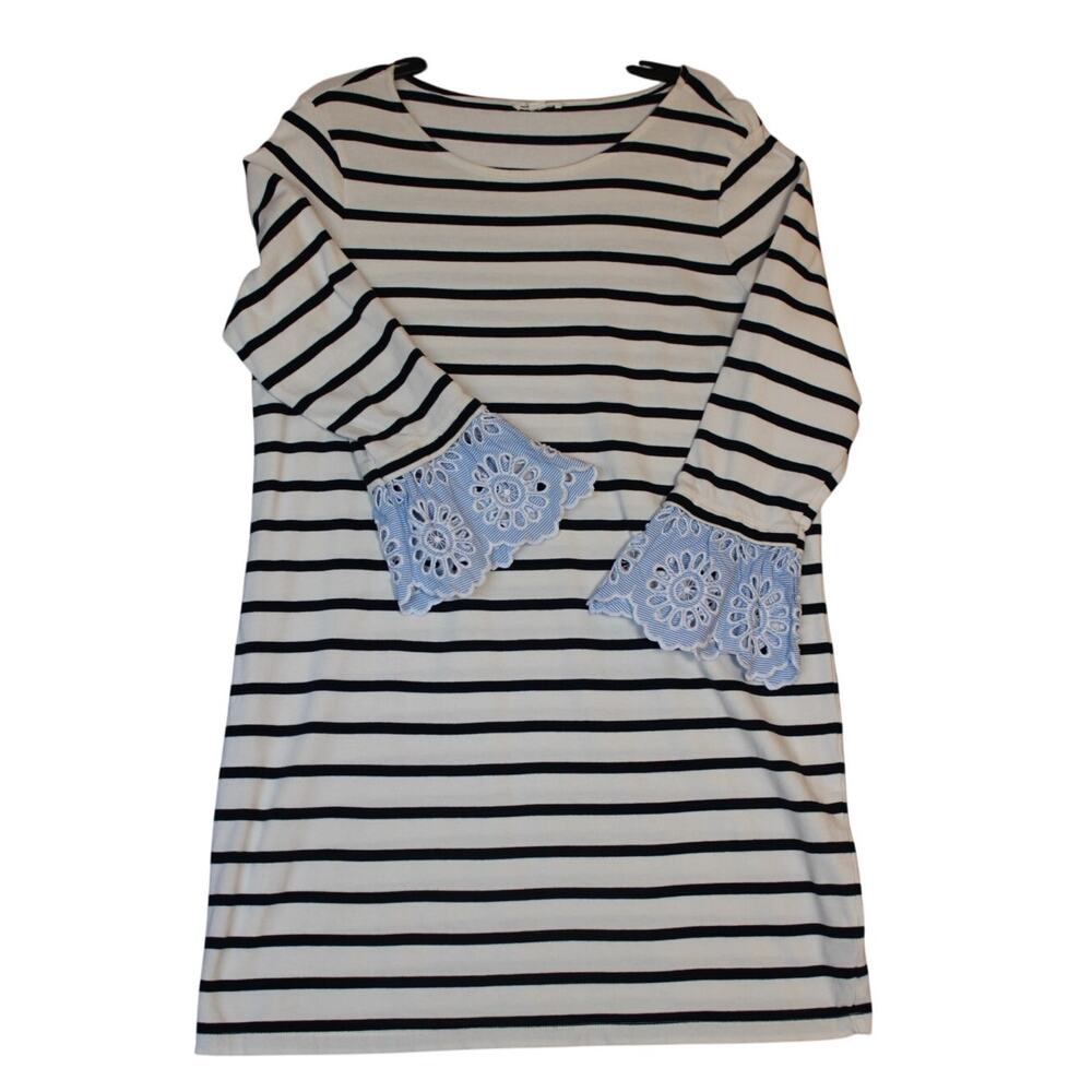 Beach Lunch Lounge Navy Blue Striped Eyelet Crochet 3/4 Sleeve Solani Dress XL